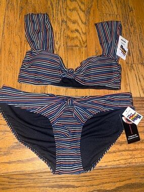 No Boundaries Black Striped Knot-Front Bikini Set